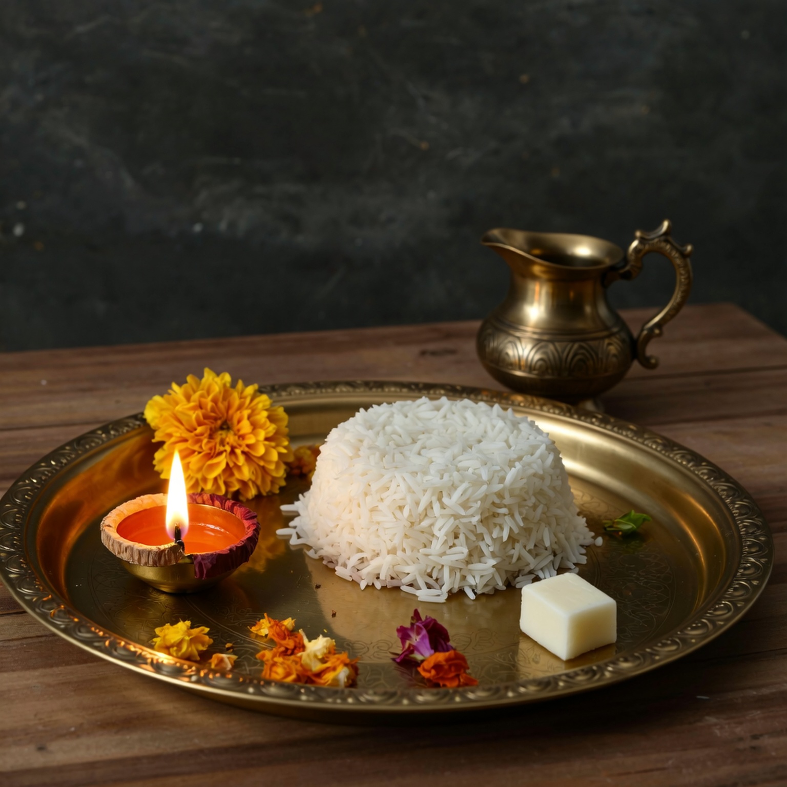 daksh sharma diya, rice, and offerings on brass thali with holy water pot 41ee3253 a276 41e2 868f f9aabebcbae9